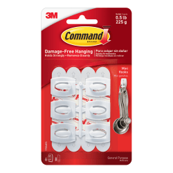 Command Mini Wall Hooks, 6 Command Hooks, 8 Command Strips, Damage Free Hanging of Dorm Room Decorations, White