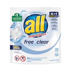 All® Mighty Pacs Free and Clear Super Concentrated Laundry Detergent, 39/Pack, 6 Packs/Carton