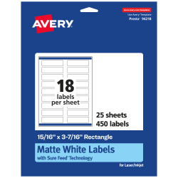 Avery® Permanent Labels With Sure Feed®, 94218-WMP25, Rectangle, 15/16" x 3-7/16", White, Pack Of 450
