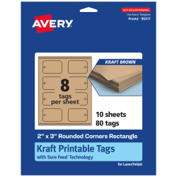 Avery® Printable Tags With Sure Feed® Technology, Print-To-The-Edge, 2"x3", Kraft Brown, Pack Of 80