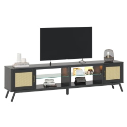 Bestier Modern TV Stand With Rattan Doors And Glass Shelves  For 80" TVs, 20"H x 80"W x 13-13/16"D, Black