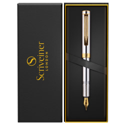 Scriveiner EDC Luxury Fountain Pen, Medium Nib, 0.7 mm, Silver Chrome Barrel, Black And Blue