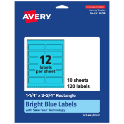 Avery® Print-To-The-Edge Labels With Sure Feed® Technology And Easy Peel® Label Feature, 94228-BBP10, Rectangle, 1-1/4" x 3-3/4", Matte Bright Blue, Pack of 120