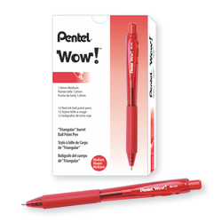 Pentel® WOW!™ Retractable Ballpoint Pens, Medium Point, 1.0 mm, Transparent Red Barrels, Red Ink, Pack Of 12