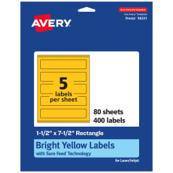 Avery® Print-To-The-Edge Labels With Sure Feed® Technology, 94231-BYP80, Rectangle, 1-1/2" x 7-1/2", Matte Bright Yellow, Pack of 400