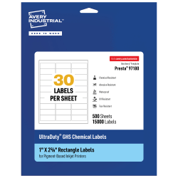 Avery® Ultra Duty® Permanent GHS Chemical Labels, 97180-WMUI500, Rectangle, 1" x 2-5/8", White, Pack Of 15,000