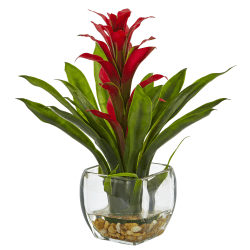 Nearly Natural 12"H Bromeliad Arrangement With Glass Vase, Red