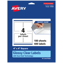 Avery® Glossy Permanent Labels With Sure Feed®, 94100-CGF100, Square, 4" x 4", Clear, Pack Of 400