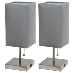 Simple Designs Petite Stick Lamps With USB Charging Port, Gray Shade/Brushed Nickel Base, Set Of 2 Lamps