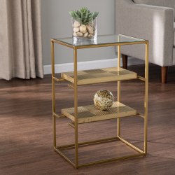 SEI Furniture Penketh Glass-Top Rectangle End Table with Storage, 23-1/2"H x 15-3/4"W x 11-3/4"D, Brass/Clear