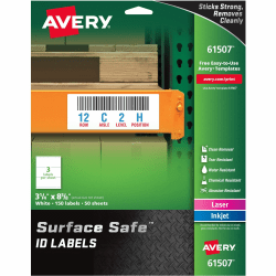 Avery® Surface Safe ID Labels - Removable Adhesive - 3 1/4" Width x 8 3/8" Length - Rectangle - Laser, Inkjet - White - Polyester - 3 / Sheet - 50 Total Sheets - 150 / Pack