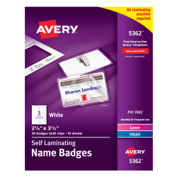 Avery® Customizable Self-Laminating Name Badges, 5362, 2.25" x 3.5", White, 30 Name Tags With Clips