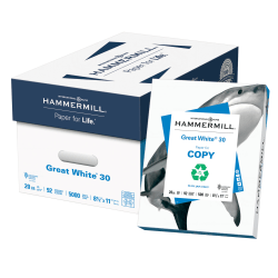 Hammermill® Great White® Copy Paper, 10 Reams, White, Letter (8.5" x 11"), 5000 Sheets Per Case, 20 Lb, 92 Brightness, 30% Recycled