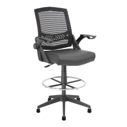 Boss Office Products Flip Arm Mesh Drafting Stool With Back, Black