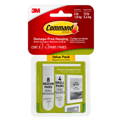 Command Picture Hanging Strips Value Pack, 4-Pairs (8-Small Command Strips), 8-Pairs (16-Medium Command Strips), Damage-Free, White
