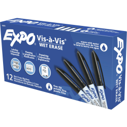 EXPO® Vis-a-Vis® Wet-Erase Fine-Tip Markers, Black, Box Of 12