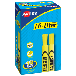 Avery® Hi-Liter® SmearSafe® Highlighters, Chisel Tip, Desk-Style, Flourescent Yellow, Pack Of 12 Highlighters
