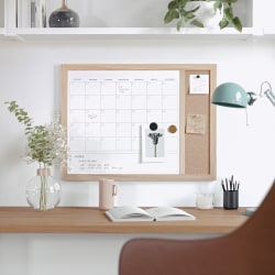 Martha Stewart Everette Magnetic Dry-Erase Monthly Calendar And Cork Board Combo, 18" x 24", Light Natural Woodgrain