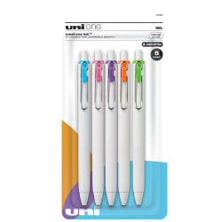 Uni-Ball® One Retractable Gel Pens, Medium Point, 0.7 mm, White Barrel, Assorted Ink, Pack Of 5 Pens