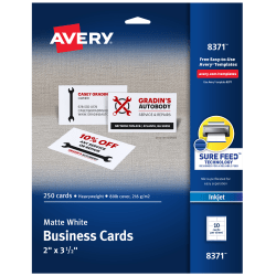 Avery® Printable Business Cards With Sure Feed® Technology For Inkjet Printers, 2" x 3.5", White, 250 Blank Cards