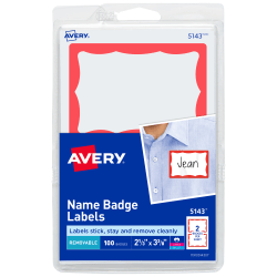 Avery® Name Tags, 05143, 2-1/3" x 3-3/8", White With Red Border, 100 Removable Name Badges