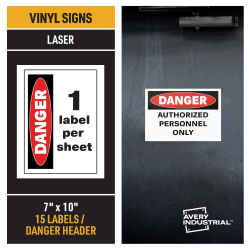 Avery® Industrial Adhesive Vinyl Signs, 61553, Danger Header, 10"W x 37"D, White, Pack Of 15 Signs