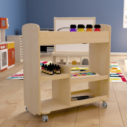 Flash Furniture Bright Beginnings Commercial Wood Double-Sided Mobile Storage Cart with Storage Compartments, Shelves And Locking Caster Wheels, 31-3/4"H x 33-1/4"W x 15-3/4"D, Beech