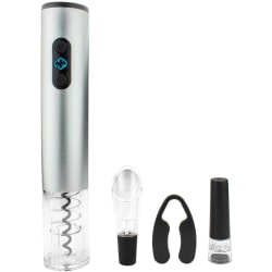 Brentwood Electric Wine Bottle Opener with Foil Cutter, Vacuum Stopper, and Aerator Pourer - LED Light, Foil Cutter, Portable - Silver