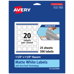 Avery® Print-To-The-Edge TrueBlock® Labels With Sure Feed®, 94106-TWMP25, Square, 1-1/2" x 1-1/2", Matte White, Pack Of 500