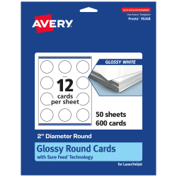 Avery® Printable Business Cards With Sure Feed® Technology, 95268-GWC50, Round, 2" Diameter, Glossy White, Pack Of 600