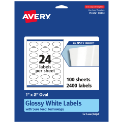Avery® Glossy Permanent Labels With Sure Feed®, 94053-WGP100, Oval, 1" x 2", White, Pack Of 2,400