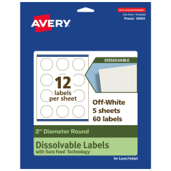 Avery® Print-to-the-Edge Dissolvable Labels With Sure Feed® Technology, 94501-DWMP5, Round, 2", Matte Off-White, Pack Of 60