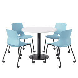 KFI Studios Proof Cafe Round Pedestal Table, Includes 4 Chairs, 29"H x 36"W x 36"D, Designer White Top/Black Base/Sky Blue Chairs - 840031939098