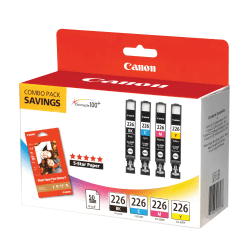 Canon® CLI-226 ChromaLife 100+ Black And Cyan, Magenta, Yellow Ink Tanks And 50 Sheets Of Paper, Pack Of 4, 4546B007