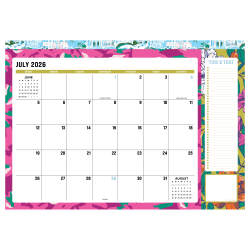 Monthly tear-off pages and large calendar grids  with ample writing space for daily appointments, to-dos and reminders as well as a reference of the previous and upcoming months. Spanning the July 2026 - June 2027 academic year.