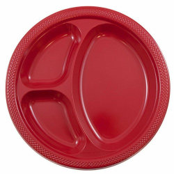 JAM PAPER Plastic 3 Compartment Divided Plates, Large, 10 1/4 inch, Red, 20/Pack