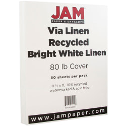 JAM Paper® Card Stock, Strathmore Bright White Laid, Letter (8.5" x 11"), 80 Lb, 30% Recycled, Pack Of 50