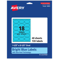 Avery® Printable Labels With Sure Feed® Technology, 94051-BBP40, Oval, 1-1/2" x 2-1/2", Matte Bright Blue, Pack of 720