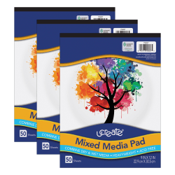 UCreate Mixed Media Pads, 9" x 12", White, 50 Sheets Per Pad, Pack Of 3 Pads
