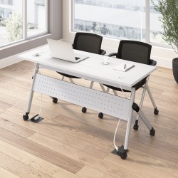 Bush Business Furniture Envision 60"W Training Table with Powered Grommets and 2 Chairs with Arms, White/Cool Gray Metallic, Standard Delivery