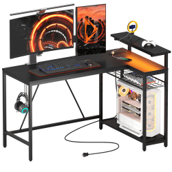 Bestier L-Shaped Gaming Computer Desk With Power Outlet, LED Lights & Headset Hooks, 53"W, Carbon Fiber Black