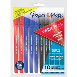 Paper Mate Write Bros. Ballpoint Stick Pens, Medium Point, 1.0 mm, Assorted Barrel Colors, Assorted Ink Colors, Pack Of 10 Pens