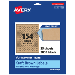 Avery® Kraft Permanent Labels With Sure Feed®, 94503-KMP25, Round, 1/2" Diameter, Brown, Pack Of 3,850