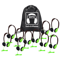 HamiltonBuhl Sack-O-Phones Personal Headphones With Carry Bag, Green, Bag Of 10 Headphones