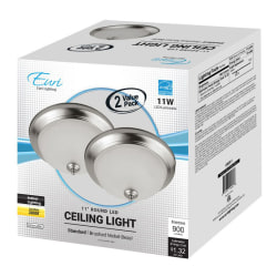 Euri Indoor Round LED Ceiling Light Fixtures, 11", Dimmable, 3000K, 11 Watts, 900 Lumens, Brushed Nickel/Etched Glass, Pack Of 2 Fixtures