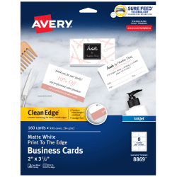 Avery® Clean Edge® Printable Print-To-The_Edge Business Cards With Sure Feed® Technology, 2" x 3.5", White, 160 Blank Cards