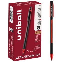 uni-ball® Jetstream™ 101 Rollerball Pens, Medium Point, 1.0mm, Assorted Barrels, Red Ink, Pack Of 12