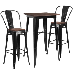 Flash Furniture Square Metal/Wood Bar Table With 2 Stools, 42"H x 26"W x 26"D, Black