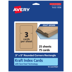 Avery® Printable Index Cards With Sure Feed® Technology, 3" x 5" Rectangle Rounded Corners, Kraft Brown, Pack Of 75