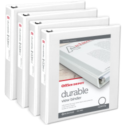 Office Depot® Brand Durable View 3-Ring Binder, 1 1/2" Round Rings, White, Pack Of 4